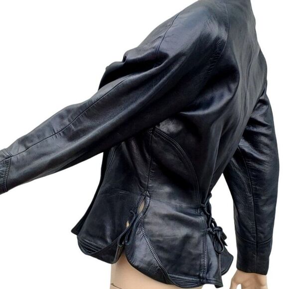 Vintage 80s Jitrois Black Lambskin Leather Military Jacket S Peplum - Picture 13 of 16